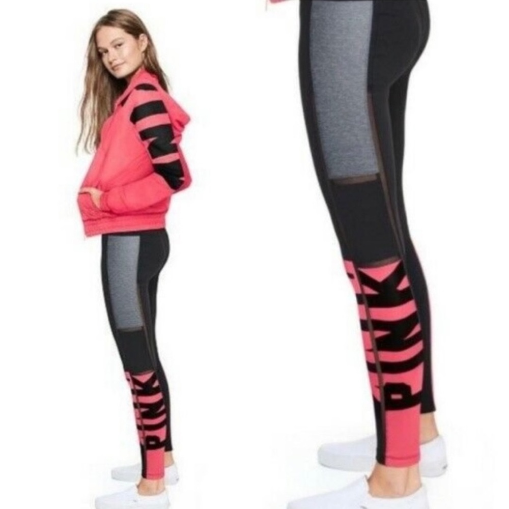 NWT PINK Victoria's Secret bonded high waisted pink and black leggings